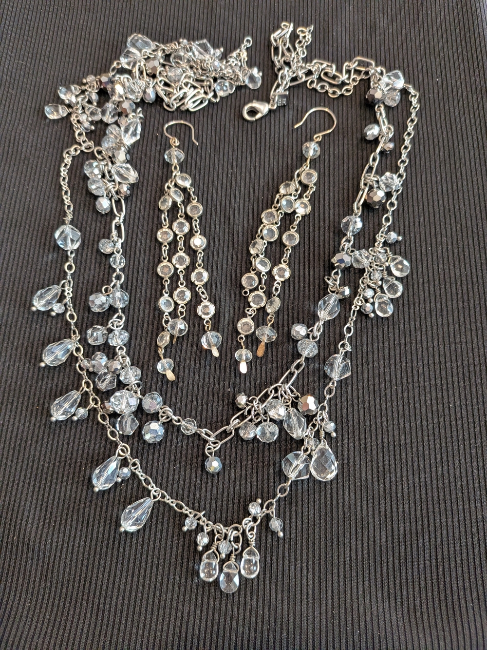 B#3:Silver Tone Crystal Drop Necklace 18"and Earrings 4" Set - Clear Crystal